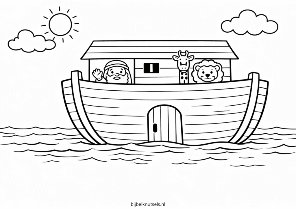 Kleurplaat van Ark van Noach op het water met dieren