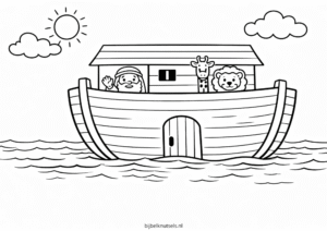 Kleurplaat van Ark van Noach op het water met dieren