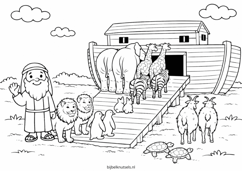 Gratis kleurplaat Noach en de ark voor kinderen
